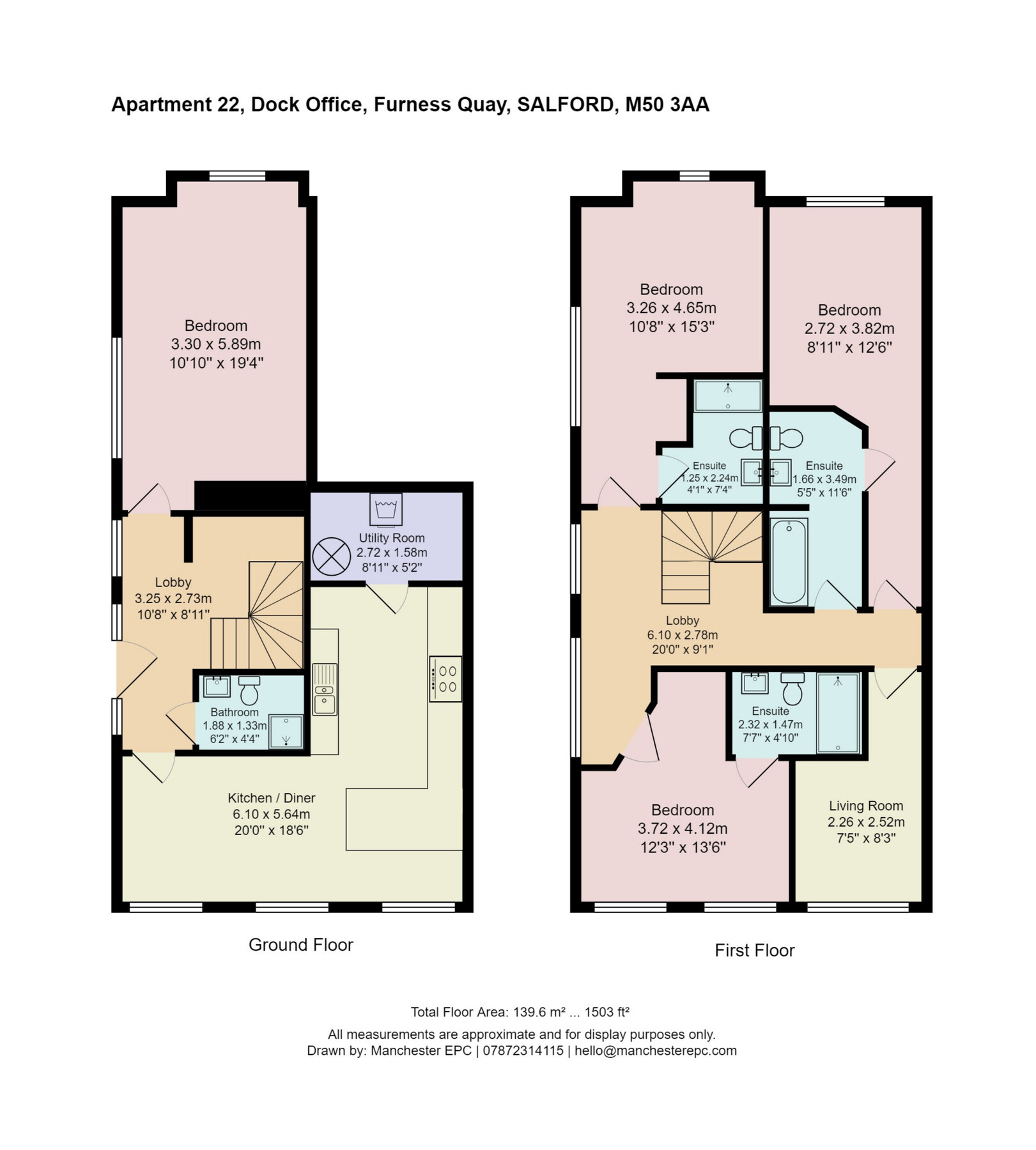 Floor plan of 22 Dock Office, Salford Quays — ground and first floor layouts, 1,500 sq ft